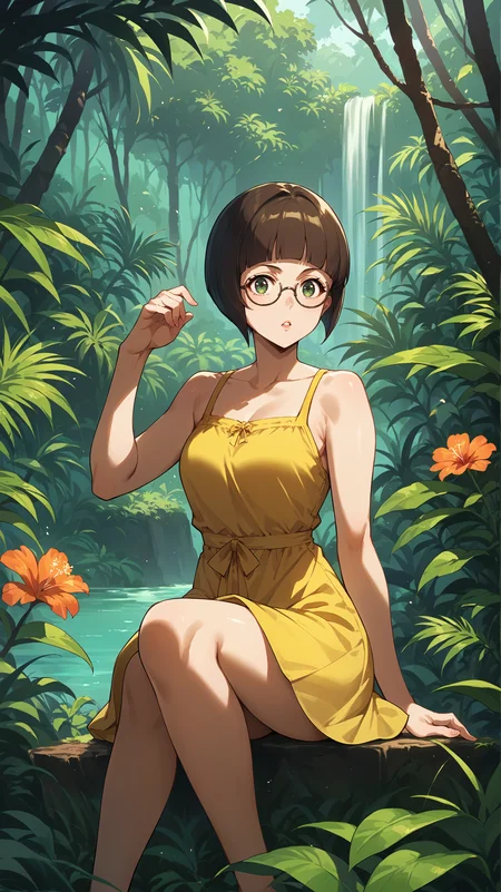 score_9,score_8_up,score_7_up,score_6_up, source_anime, girl, sitting with her back arched, dynamic pose, <lora:Chosaka - Pony-000004:0.9>, short hair, dark brown hair, bob cut, green eyes, round glasses, yellow sundress, tropical forest, summer vacation,
