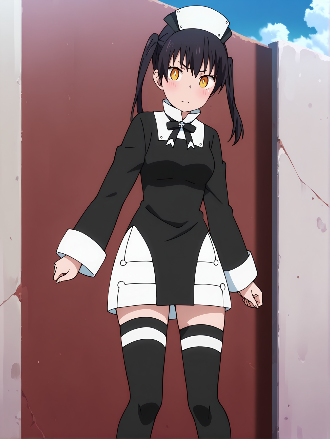 <lora:Tamaki:0.8>, tamaki, 1girl, solo, yellow eyes, black hair twin tails, black headwear, black nun uniform, black ribbon, short white skirt, black thighhighs, doubtful, blush, closed mouth, looking at viewer, full body, cropped legs, outdoors, blue sky