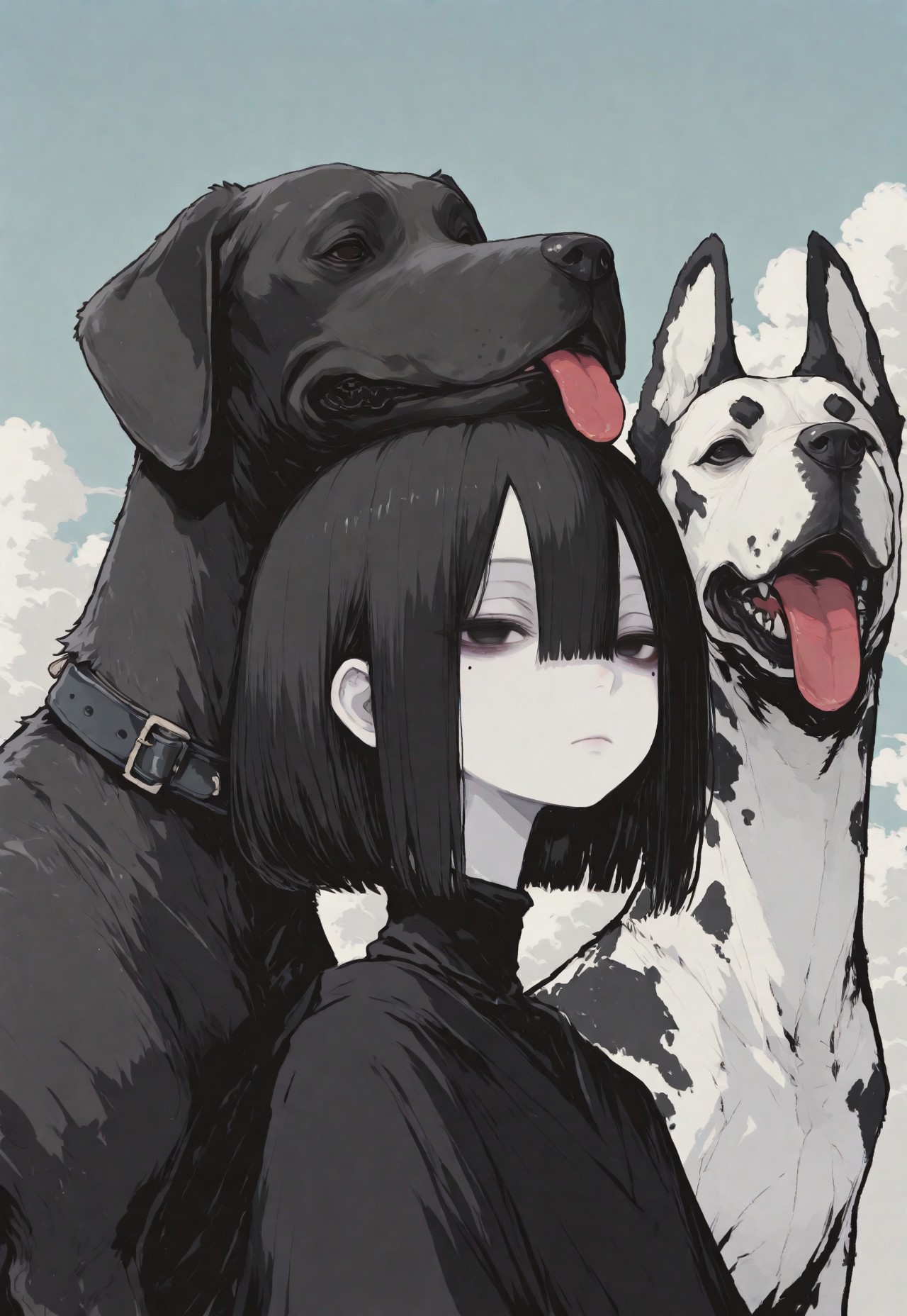 1girl, solo, black hair, bob cut, hair between eyes, solid black eyes, detailed eyes, looking to the side, mole under eye, expressionless, looking to the side, closed mouth,pale skin, black turtle neck, animal focus, dog, Great Dane, paw up, paws on head, tongue out, whimsical dog, spotted fur, pale blue sky, clouds, close up, chromatic aberration,minimalsim, no lineart, no outline, blending, flat color,15546+456868, r17329_illu,S4bit4mago_illu