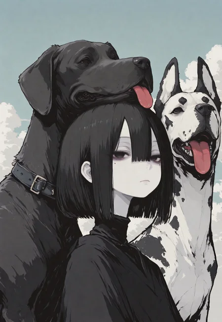 1girl, solo, black hair, bob cut, hair between eyes, solid black eyes, detailed eyes, looking to the side, mole under eye, expressionless, looking to the side, closed mouth,pale skin, black turtle neck, animal focus, dog, Great Dane, paw up, paws on head, tongue out, whimsical dog, spotted fur, pale blue sky, clouds, close up, chromatic aberration,minimalsim, no lineart, no outline, blending, flat color,15546+456868, r17329_illu,S4bit4mago_illu
