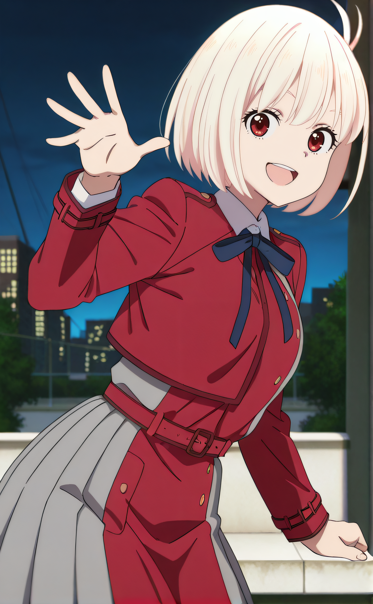 masterpiece, best quality, highres, newest, 1girl, solo, official style, anime screencap, <lora:Nishigiki_Chisato:1>, chisato, blonde hair, bob cut, red eyes, red lycoris uniform, looking at viewer, smile, outdoor, cowboy shot, open mouth, hand up, five fingers, city night