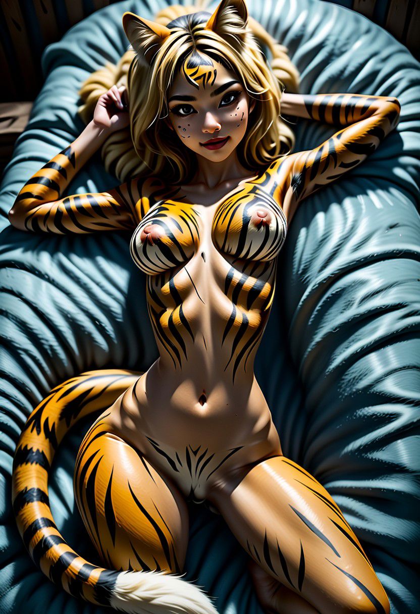 Realistic movie style, 1girl, anthro (cat moustache), with human perfect body, sleeping curled up, flirty, peaceful (tiger-fur-pattern body paintings) , classy, barefoot, curved body, curved backwards tail, massive tiger tail,  savage, detailed-fur