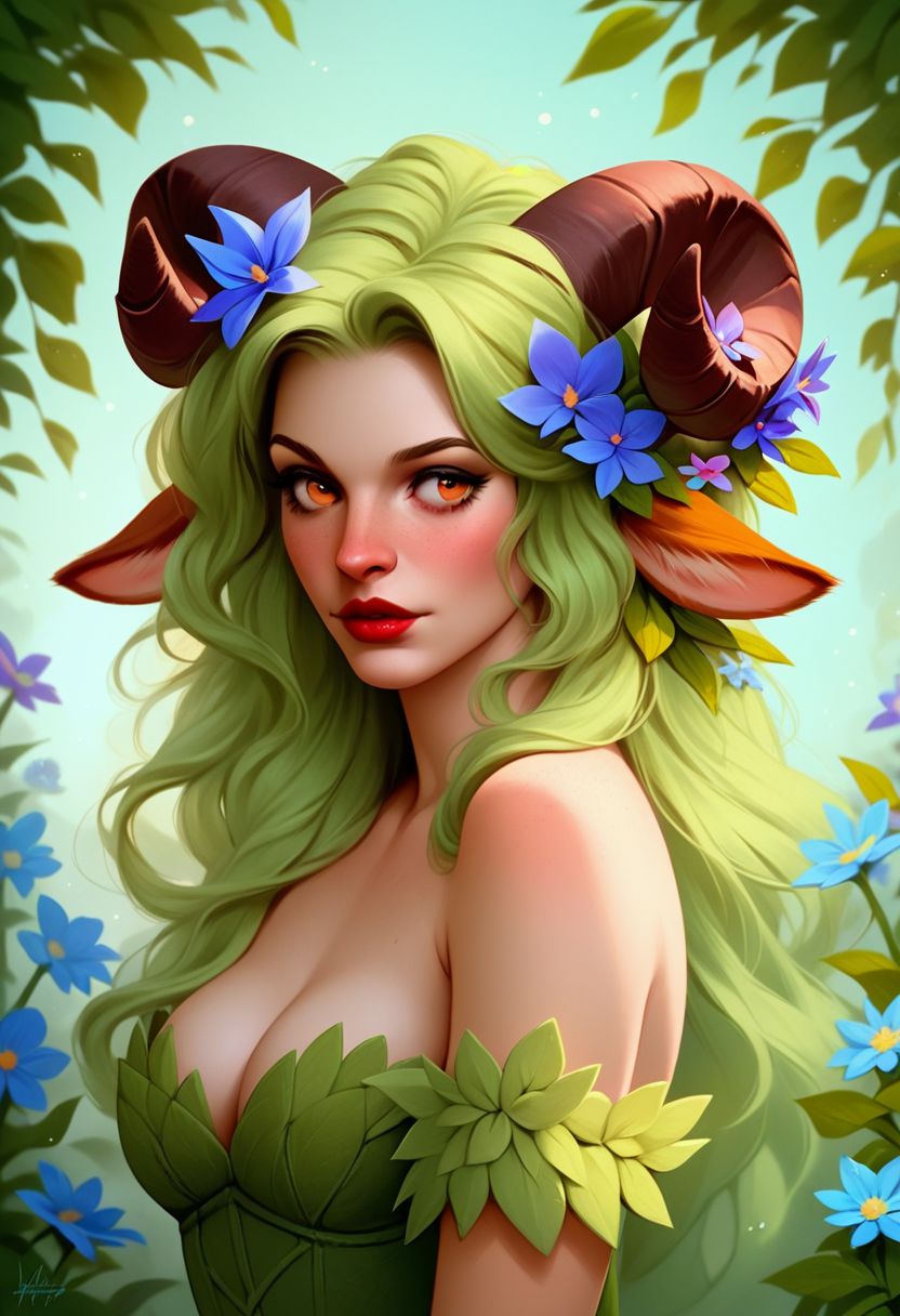 score_9, score_8_up, score_7_up, score_6_up,fearne calloway, fearne_calloway, faun_druid, 1girl, solo, flower, horns, hair flower, animal ears, hair ornament, long hair, sheep horns, sheep girl, red lips, upper body, blue flower, sheep ears, breasts, bare shoulders, off shoulder, cleavage, parted lips, looking to the side, realistic, cosplay