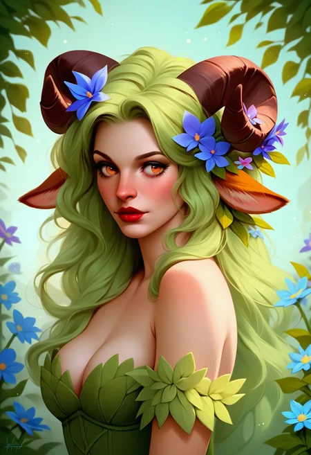 score_9, score_8_up, score_7_up, score_6_up,fearne calloway, fearne_calloway, faun_druid, 1girl, solo, flower, horns, hair flower, animal ears, hair ornament, long hair, sheep horns, sheep girl, red lips, upper body, blue flower, sheep ears, breasts, bare shoulders, off shoulder, cleavage, parted lips, looking to the side, realistic, cosplay