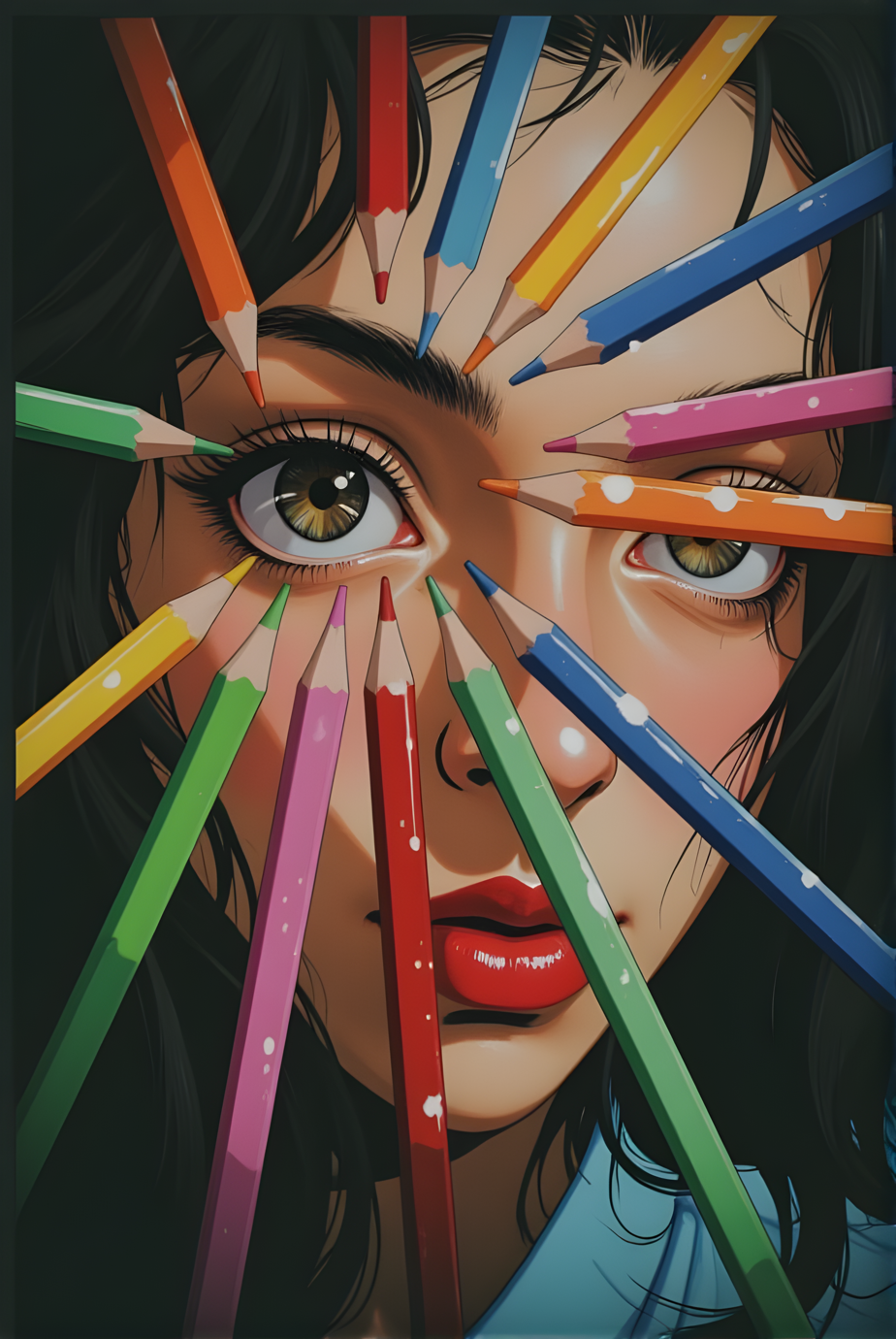 Creative portrait of a person with a unique and artistic use of colored pencils. The individual's face is partially obscured by a burst of colorful pencils that radiate outward from their eye, creating a dynamic and visually engaging effect.
The person has light skin and bright red lipstick, which stands out against the dark background. Their eyes are wide open, with one eye being the focal point of the image, surrounded by the array of pencils. The other eye is partially visible, peeking through the pencils, adding to the sense of depth and perspective.
The colored pencils are arranged in a circular pattern, with each pencil pointing towards the center of the eye. The colors are vibrant and varied, including shades of red, orange, yellow, green, blue, and purple, creating a rainbow-like effect. The pencils appear to be sharp and well-defined, adding to the overall clarity and impact of the image.
The background is dark and out of focus, ensuring that the attention remains on the subject and the colorful pencils. The lighting is soft and even, highlighting the texture of the person's skin and the details of the pencils.
Overall, this image is a highly creative and visually captivating representation of portraiture, using color, composition, and everyday objects to create a unique and memorable visual experience.
BREAK j_art, anime, anime art, <lora:FLUX\jul\J_Anime:0.7>, <lora:FLUX\Anime Art V3:0.1>, <lora:FLUX\Flux-jijia:0.2>