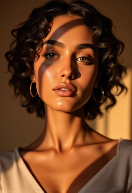 A high-resolution studio portrait of a woman with sun-kissed skin, her freckles subtly illuminated under soft golden light. Her curly, dark brown hair frames her face naturally, while her deep hazel eyes catch the warmth of the setting light. The neutral beige backdrop enhances the organic tones of her complexion, drawing focus to the lifelike texture of her skin.
, aidmamjv7, pinkfluxproultrafantasia