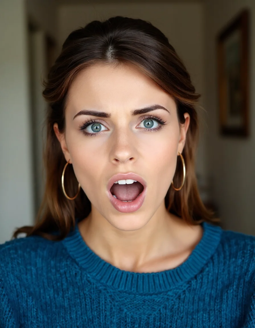 a beautiful woman with brunett hair, green eyes and hoop earrings in a blue pullover, mouth wide open, front view, ultimabody. ((she looks very scared))