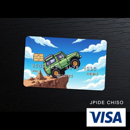 The image is a digital illustration on a Visa credit card, visa custom design card of anime car range rover jumping from the cliff. Card laying on the black wood table. 45 view angle for above, aidmatextimprover Pixel Art