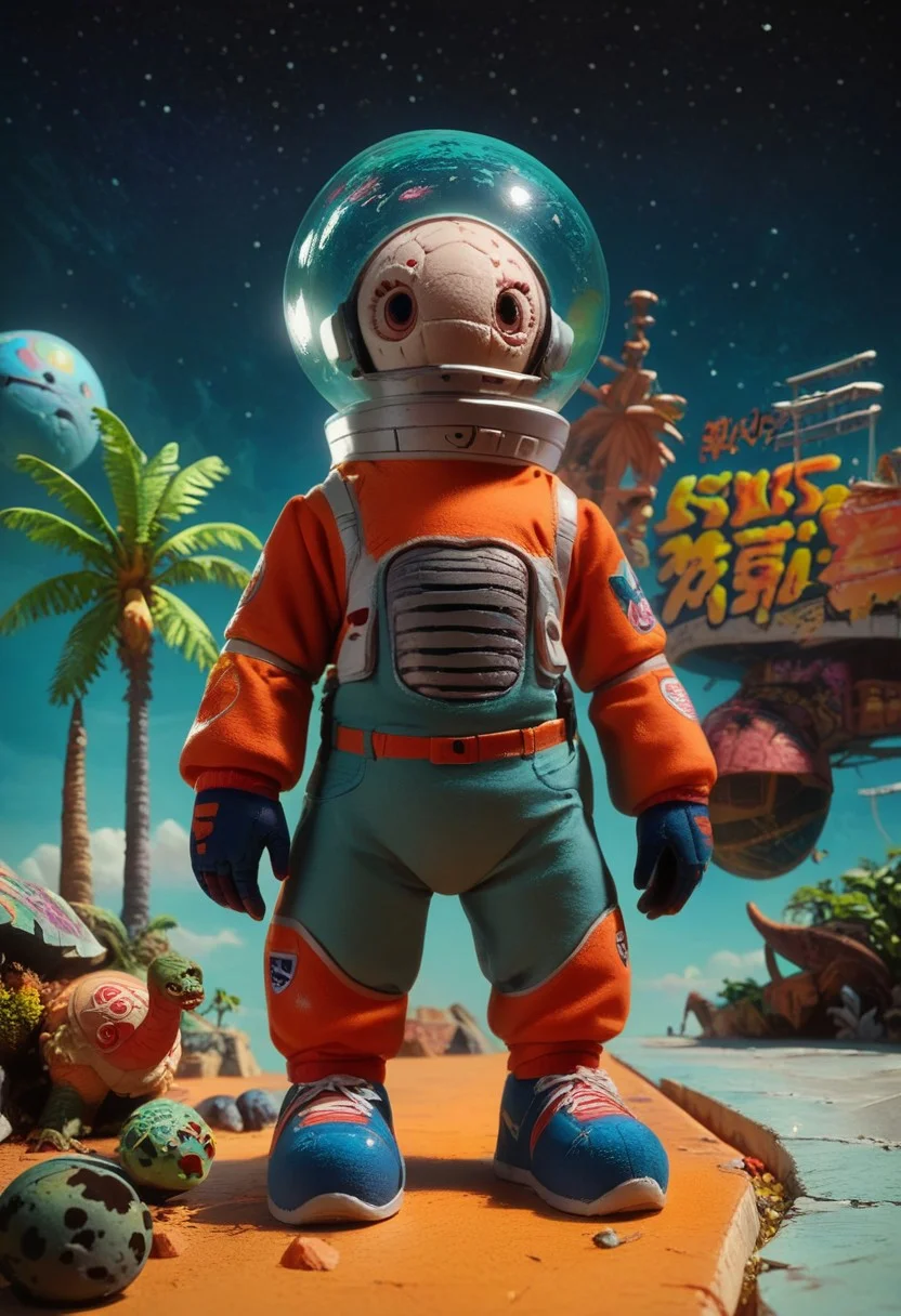 score_9, score_8_up, alienworld, One Giant spacesuit on the small sphere like planet earth, plushify, in alien planet, starry sky, graffiti-style ink splashes and a mix of colors reminiscent of street art background,