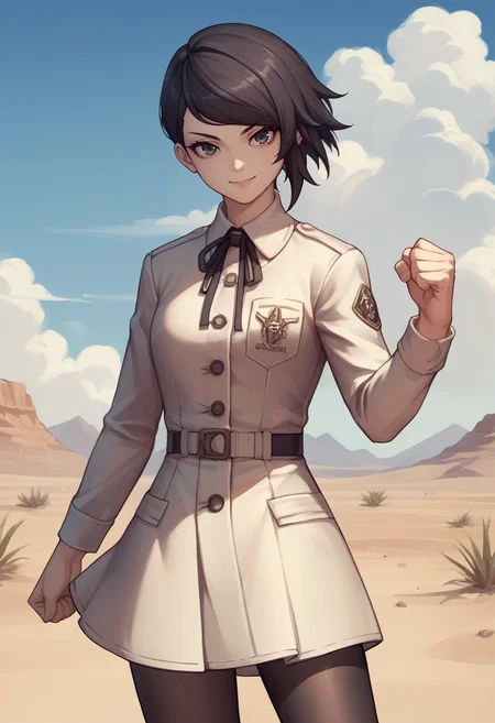 score_9, score_8_up, score_7_up, source_anime, 1girl, thigh up, looking at you, smile, furrowed brow, clenched hand, <lora:zs_YokoXL:1> yokosmtvv, short hair, black hair, swept bangs, uniform, neck ribbon, skirt, black pantyhose, desert, sky, cloud