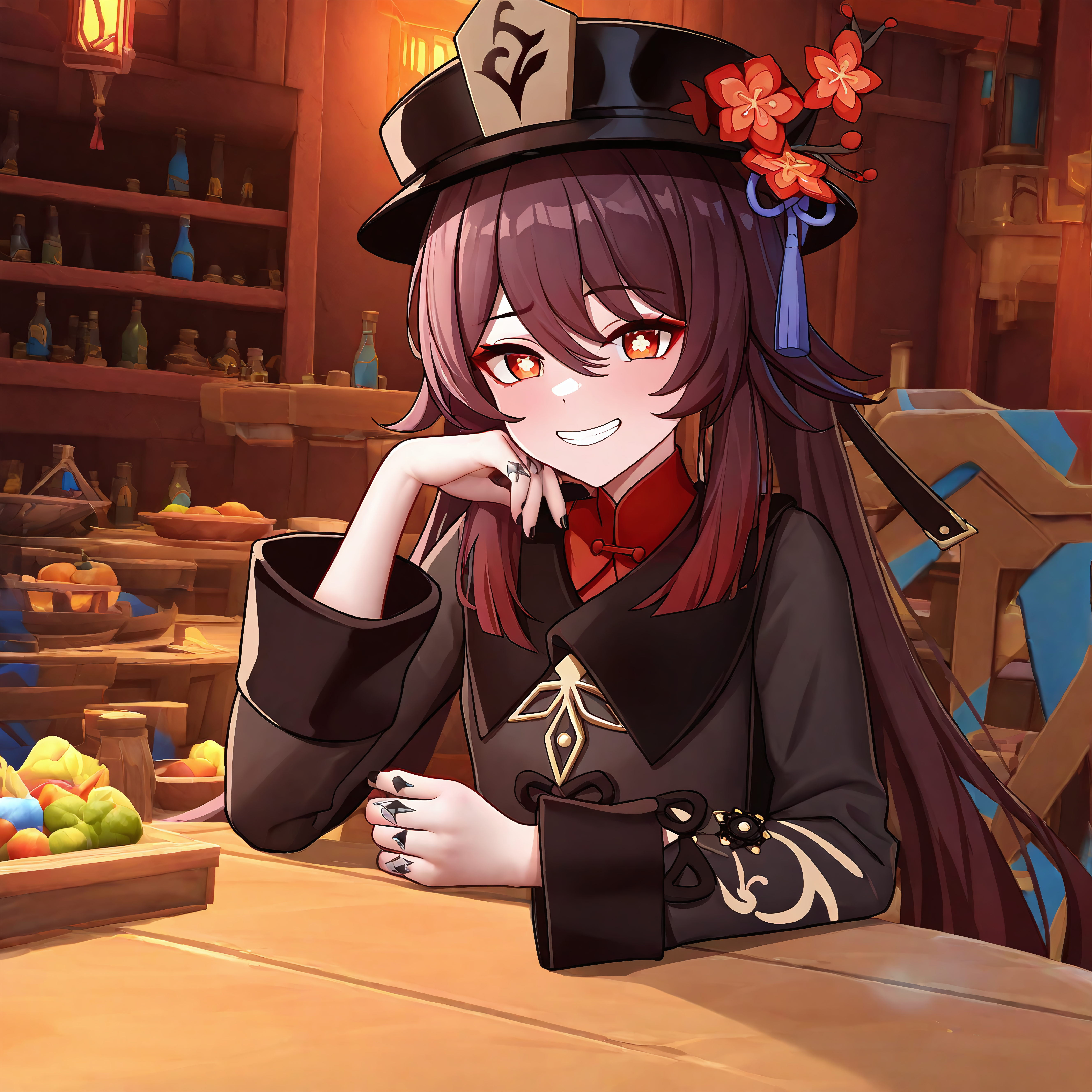 1girl, solo, hu tao \(genshin impact\), General, ririko \(fhnngririko\), dynamic angle, sitting, on chair, leaning on table, smiling, naughty face, happy, black hat, black nails, arm support, black shirt, brown hair, flower-shaped pupils, hair between eyes, hat flower, long hair, red eyes, natlan, tavern, fantasy, table, chair, food, fruit, bottle, shelf, indoors, crate, lantern, vegetable, masterpiece, best quality, absurdres, highres