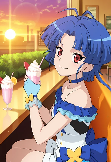 masterpiece,best quality,amazing quality,
solo, face focus,
Am Chouno (Cardfight Vanguard), short hair, blue hair, antenna hair, red eyes,
idol outfit, idol, blue choker, blue gloves, fingerless gloves, white shorts,
Looking at viewer, big smile, from side,
cinematic, upper body, milkshake,
Sit, sitting, glass, sci-fi city, cafe, greenery,
afternoon, sunset,
Lens flare, bloom, detailed shadow,
Official style, anime screencap, anime coloring,