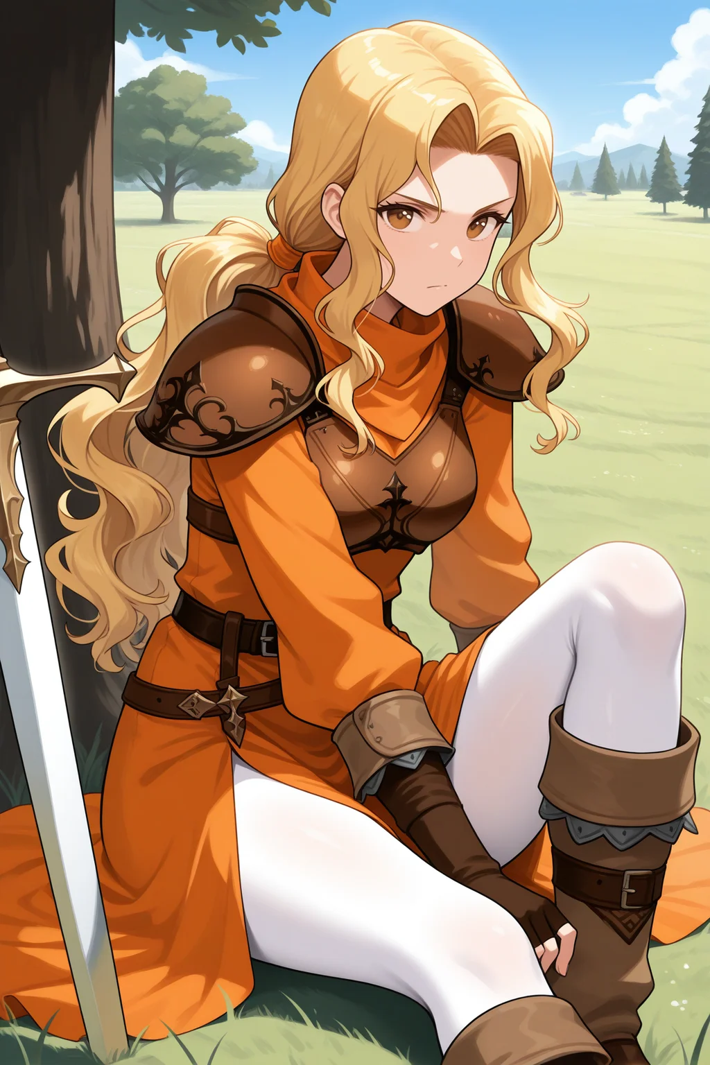 masterpiece, best quality, 1girl, solo, <lora:febrigid-illu-nvwls-v1-000006:1> feevl, blonde hair, long hair, wavy hair, amber eyes, low ponytail, shoulder armor, brown armor, breastplate, orange dress, long dress, long sleeves, belt, fingerless gloves, brown gloves, white pantyhose, brown boots, sitting, on ground, knee up, planted sword, looking at viewer, serious, field, grass, tree, blue sky