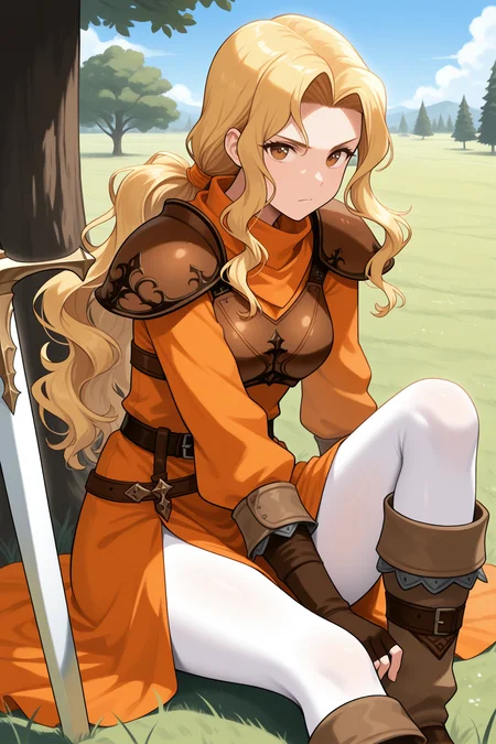 masterpiece, best quality, 1girl, solo, <lora:febrigid-illu-nvwls-v1-000006:1> feevl, blonde hair, long hair, wavy hair, amber eyes, low ponytail, shoulder armor, brown armor, breastplate, orange dress, long dress, long sleeves, belt, fingerless gloves, brown gloves, white pantyhose, brown boots, sitting, on ground, knee up, planted sword, looking at viewer, serious, field, grass, tree, blue sky