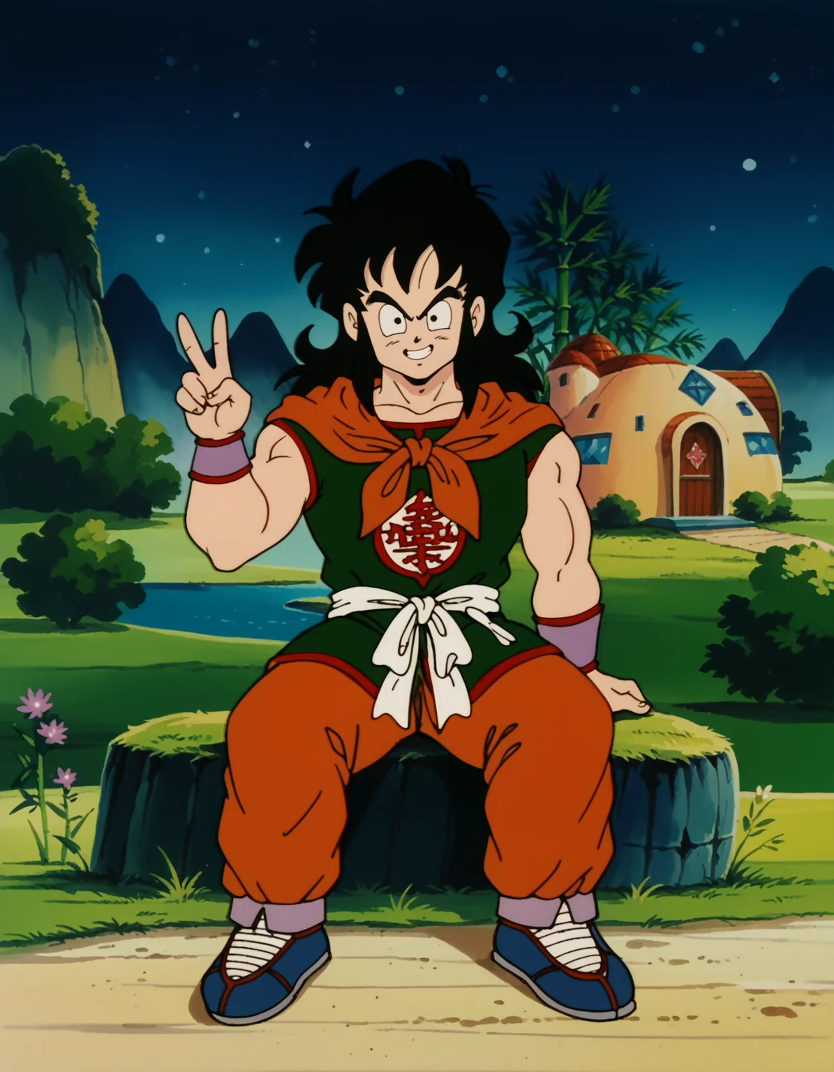 score_9, score_8_up, score_7_up, BREAK goku house,1boy,mount paozu,flowers,field,thin mountain,bamboo,dirt road, yamcha, 1boy,bench,sitting, green tunic, orange neckerchief,white waist ribbon, orange pants, purple arm guard, long hair, black hair, black eyes,solo,blue boots, well,white house,red front patch,night,starry sky,bangs,red door,window,river,bench,looking at viewer,smile,full body,cowboy shot,retro artstyle,muscular male,(peace sign,v,hand up),<lora:MountPaozuPony:1> <lora:YamchaPony:1>