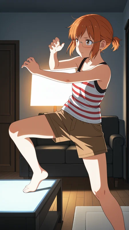 masterpiece, best quality, amazing quality, girl, dynamic pose, looking away, <lora:Chio Miyano - Illu:0.8>, short hair, orange hair, brown eyes, glasses, sidelocks, short ponytail, hair up, striped t-shirt, white and red stripes, black straps, sleeveless, brown shorts, living room, dim lighting, soft lighting,
