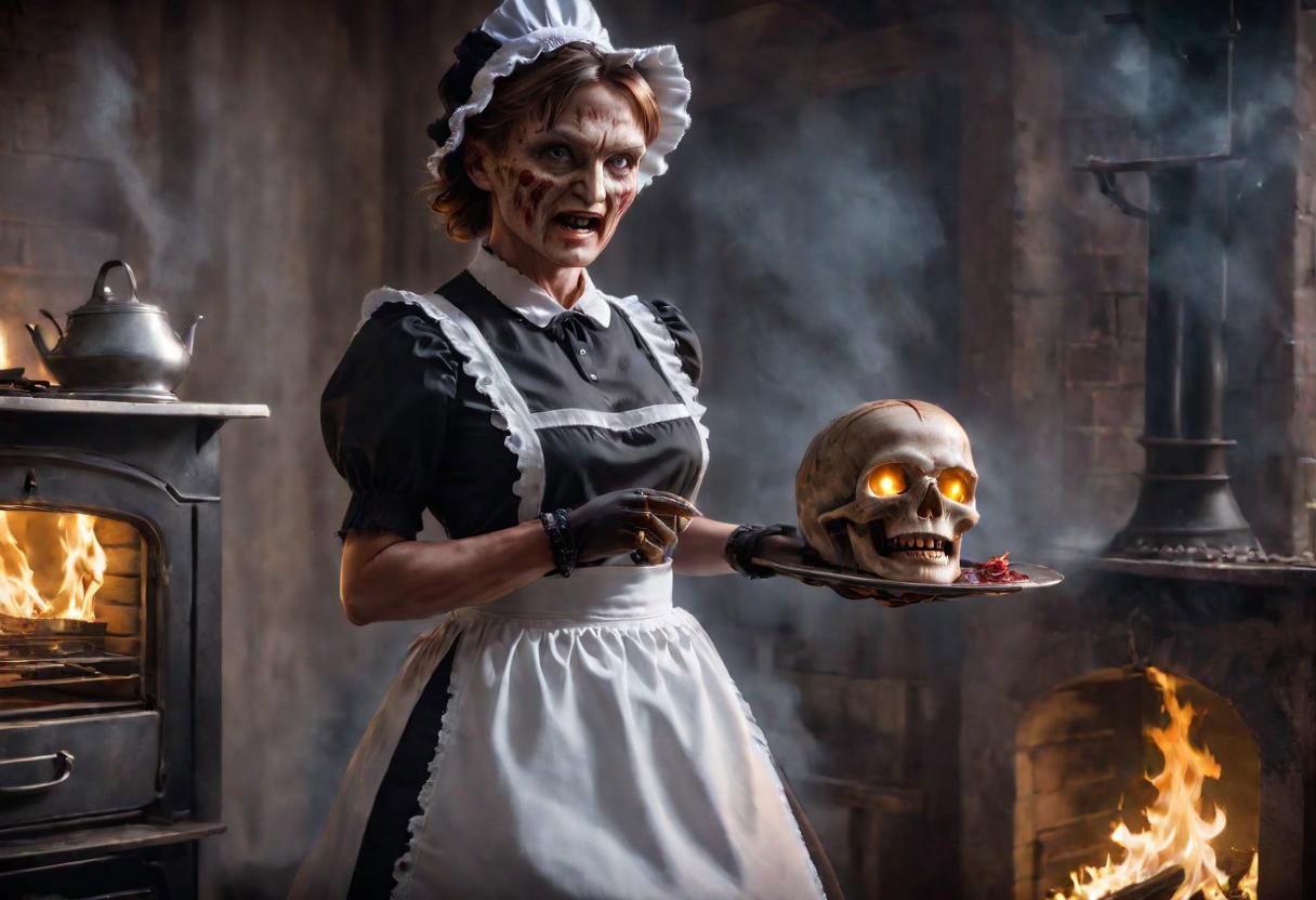 4k, Cinematic style of (Freddy Krueger:1) wearing (maid costume:1.2), holding a skull, heating oven, fire background. god rays, Shallow depth of field,  vignette,  highly detailed, high res, high budget,  bokeh,  Cinemascope,  moody,  epic,  gorgeous
