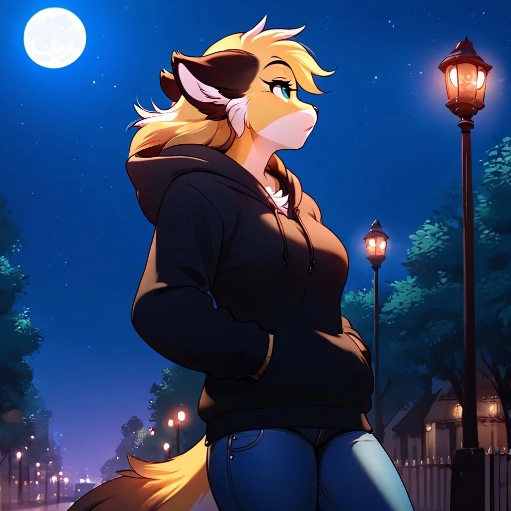 score_9, score_8_up, score_7_up, masterpiece, best quality, good quality, source_furry, Expressiveh, modern city, street lights, night time, night sky, moon, 1 girl, solo, mike-twokinds, anthro, hoodie, jeans, hands in pockets, standing