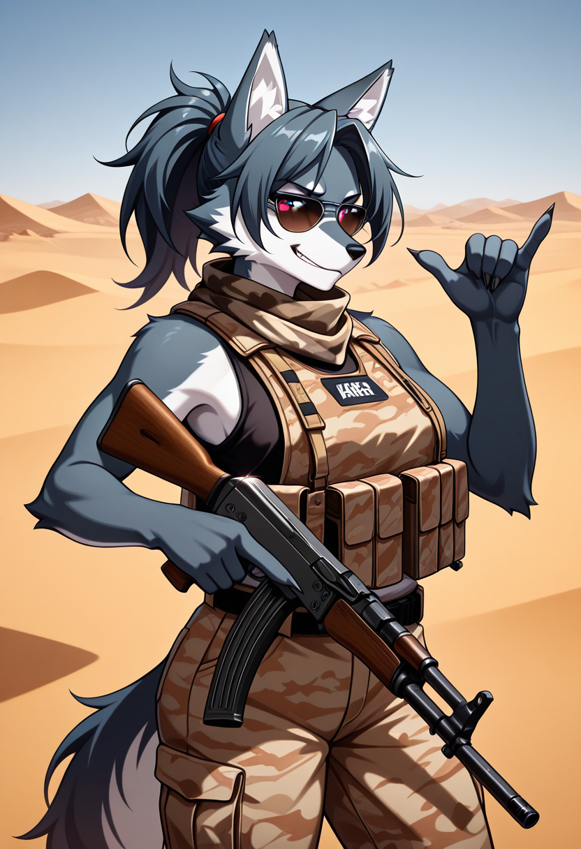 masterpiece, high quality, best quality, 1girl, solo, furry, wolf, ponytail, looking at viewer, cowboy shot, shaka sign, gesture, military,  desert camouflage, desert, nature, five fingers, claws, gun, ak-47, holding, smirk, vest, sleeveless, athletic, scarf, sunglasses,