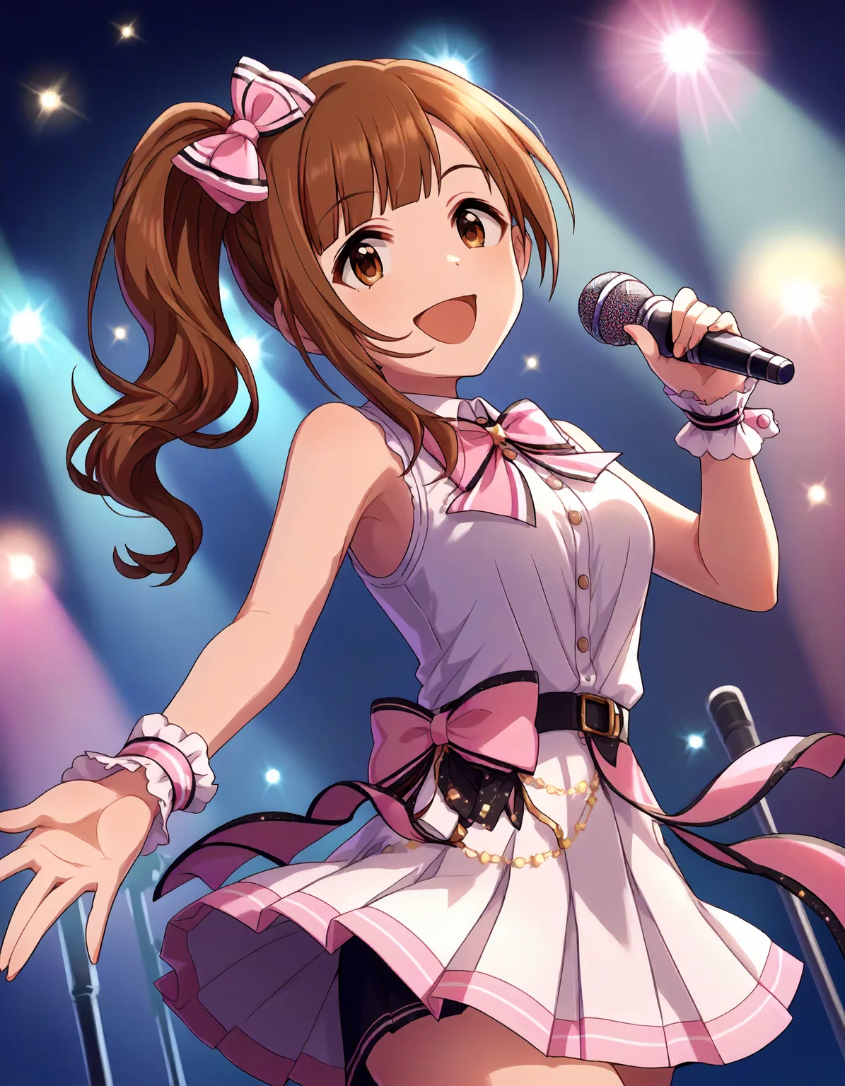 score_9,score_8_up,score_7_up,1girl,solo,cowboy shot,looking at viewer,smile,open mouth,holding microphone,stage lights,
<lora:igarashikyoko_ponyXLV6:0.8>,cgigk,
brown hair,blunt bangs,side ponytail,brown eyes,
pink bow,white shirt,sleeveless,wrist cuffs,pink pleated skirt