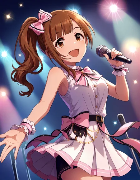score_9,score_8_up,score_7_up,1girl,solo,cowboy shot,looking at viewer,smile,open mouth,holding microphone,stage lights,
<lora:igarashikyoko_ponyXLV6:0.8>,cgigk,
brown hair,blunt bangs,side ponytail,brown eyes,
pink bow,white shirt,sleeveless,wrist cuffs,pink pleated skirt