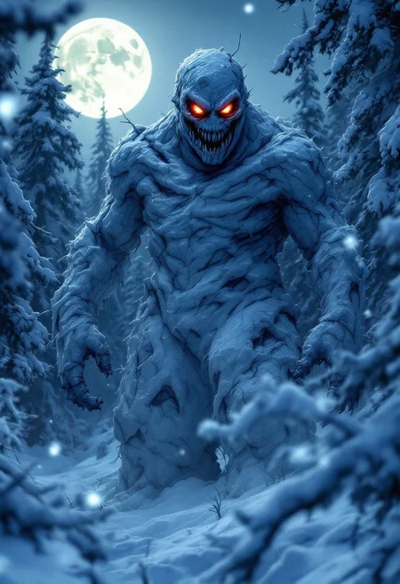 A cinematic medium shot of a hauntingly beautiful dark fantasy scene. A menacing snowman with sinister features stands tall in an eerie snow-covered forest at night. The snowman's glowing red eyes and jagged icicle teeth exude an unsettling presence. Its rough and misshapen body adds to the monstrous appearance. The full moon casts a chilling glow, illuminating the ghostly landscape and accentuating the isolation. The color palette of cool blues and whites dominates the scene, with the glowing red eyes creating a striking contrast.