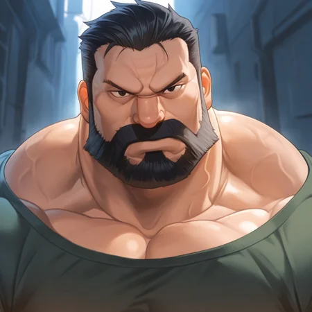 safe_pos, safe_pos, source_anime, detailed background, (score_9, score_8_up, score_7_up), zoroj, masterpiece, best quality, high quality, ultra detailed, highly detailed, high detail, artistic lighting, (highly detailed face, (perfect face, perfect eyes)), depth of field, perfect soft lighting, best shadows, perfect reflections, volumetric, detailed image, high resolution, defined faces, sharp definition, great lighting,
solo, 1boy, male focus, Sig Curtis, short hair, black hair, black eyes, facial hair, beard, green shirt with short sleeves, musclebears, muscular male, bara, hyper muscles, veiny muscles,
alley, ((face shot)), looking at viewer,