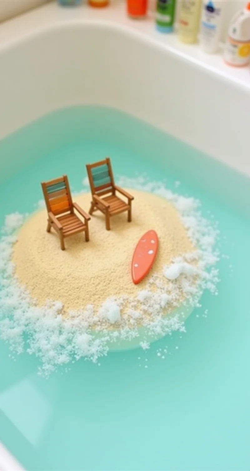 A tiny beach scene with a bath mat island, complete with sand made from bath salts, mini lounge chairs crafted from soap pieces, and a little surfboard riding the "waves" of bathwater, with sunscreen bottles acting as distant cliffs.