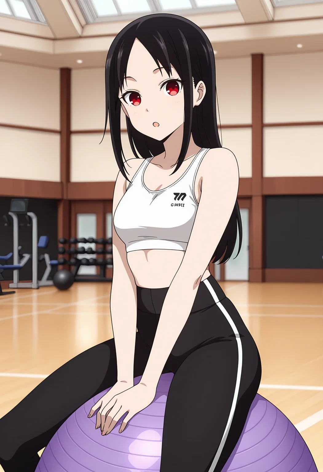 anime screencap, masterpiece, best quality,
<lora:Kaguya-samaWaKokurasetai_ShinomiyaKaguya_IlluXL:0.9>,
1girl, solo, :o,
straight hair, parted bangs, black hair, red eyes, no pupils,
sportswear, white sports bra, high-waist pants, black leggings,
sitting on object, exercise ball, own hands together, between legs, looking at viewer, cowboy shot,
gym, photo background, blurry background