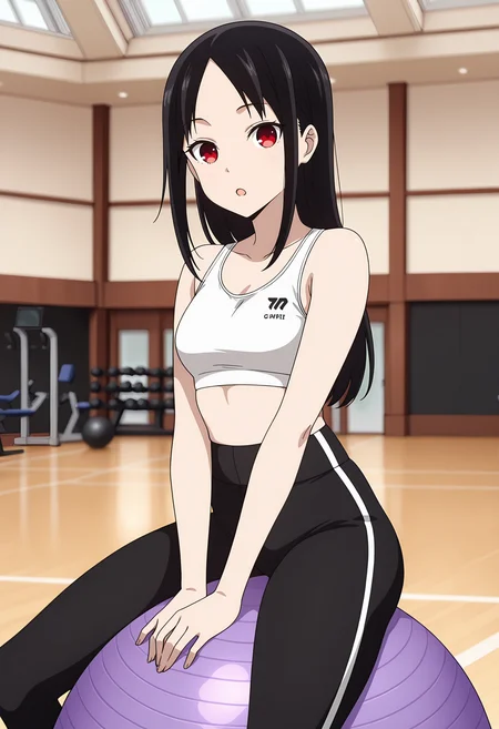 anime screencap, masterpiece, best quality,
<lora:Kaguya-samaWaKokurasetai_ShinomiyaKaguya_IlluXL:0.9>,
1girl, solo, :o,
straight hair, parted bangs, black hair, red eyes, no pupils,
sportswear, white sports bra, high-waist pants, black leggings,
sitting on object, exercise ball, own hands together, between legs, looking at viewer, cowboy shot,
gym, photo background, blurry background