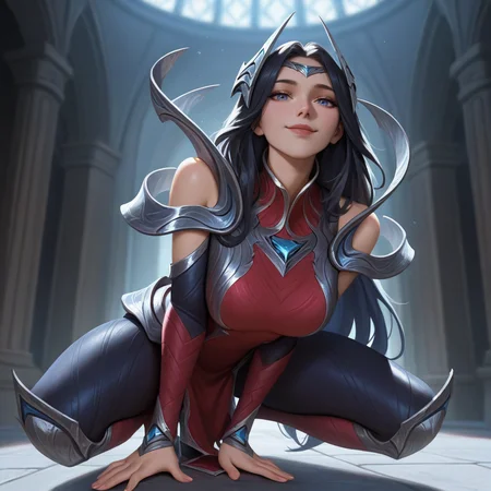 masterpiece, best quality, newest, absurdres, highres,ireliadefault, 1girl,red dress, silver armored dress, silver diadem, silver hair ornament, bare shoulders, detached sleeves, black hair, long hair, blue eyes, crouching, looking at viewer, smile, <lora:Irelia:1>