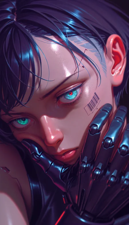 (absurdres, highres, masterpiece, absurdly_hires, best_quality, depth_of_field, cyberpunk, futuristic, science_fiction, biomechanical, mechabare, textured_hair, textured_clothing, skin texture, realistic, blender_\(artwork\), photo-referenced, photo_background)
(dre4mingde4th, seductive, thick_lips, annoyed, looking_at_viewer, solo, upper_body, female, cyborg, robotic_arm, damaged_cyborg, exposed_mechanics, heterochromia, blue_eyes, short_hair, messy_hair, close-up, holding_head, hand_on_face, freckled_face, barcode, pale_skin, broken_skin, mechanical_parts, mechanical_hand, black_glove, futuristic_clothing, dark_theme, muted_colors, cyberpunk, high_detail, cinematic_lighting, depth_of_field)