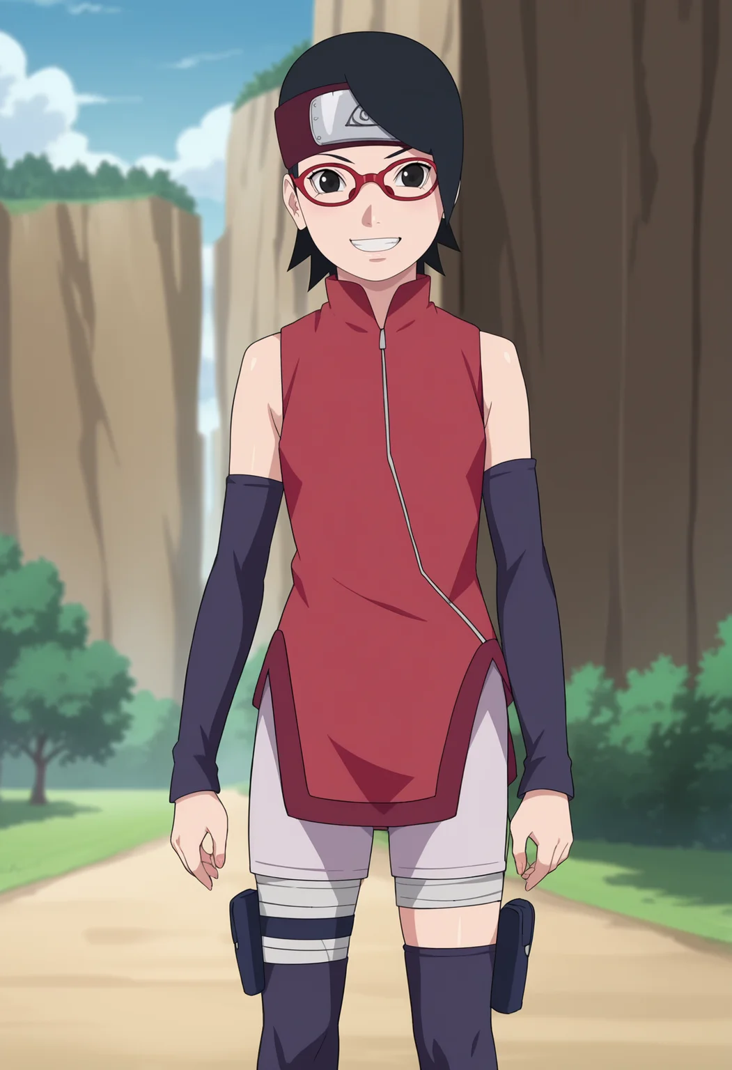 score_9, score_8_up, score_7_up, source_anime,anime screencap,anime coloring,intricate details,
uncensored,
sarada,1girl, black hair, glasses, red-framed eyewear, short hair, shorts,forehead protector,black eyes, konohagakure symbol, headband,detached sleeves,thighhighs, red sleeveless shirt, zipper, zipper pull tab, thigh pouch,
small breasts, smile,teeth, looking at viewer,
standing, upper body, focus on face,
boruto: naruto next generations,
perfect anatomy,
scenery,outdoors, contrast,
<lora:Sarada 39 mid:1>