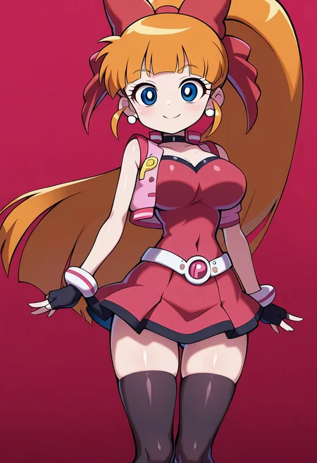 satpcstyle, easynegative, ng_deepnegative_v1_75t, masterpiece, best quality, amazing quality, very aesthetic ,shiny skin, Anime screencap, official art, ppgzmomoko, hyperblossom, red dress, pink vest, long black stockings, big breasts, blue eyes, Big thighs, slim waist, red background, standing, smile