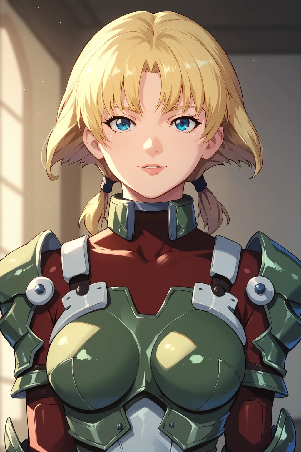 score_9, score_8_up, score_7_up, score_6_up, BREAK, MarleneAngelBGXL, blue eyes, blonde hair, short hair, low twintails, medium breasts, green armor, shoulders armor, red bodysuit, solo, front view, (portrait, upper body), solo focus, seductive smile, looking at viewer, indoors <lora:MarleneAngelBGXL:0.9>
