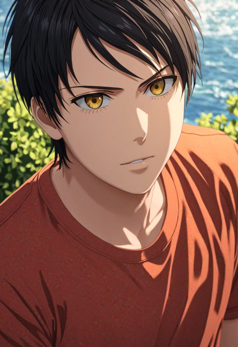 (4k), extremely detailed, hyper detailed, high resolution, professional photography, best quality, 1boy, solo, male focus, easynegative, Sasuke Tsubaki, Black Hair, outdoor, 3/4 body, casual, yellow eye
