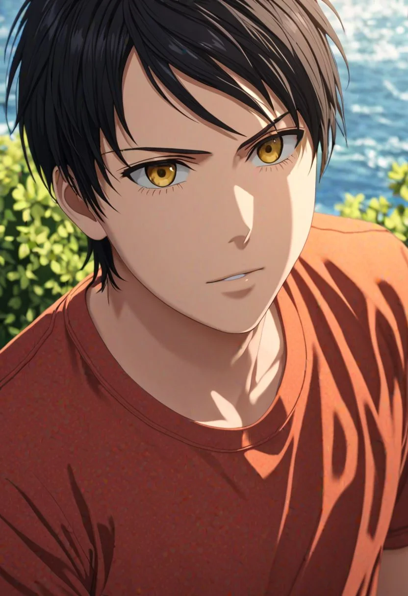 (4k), extremely detailed, hyper detailed, high resolution, professional photography, best quality, 1boy, solo, male focus, easynegative, Sasuke Tsubaki, Black Hair, outdoor, 3/4 body, casual, yellow eye