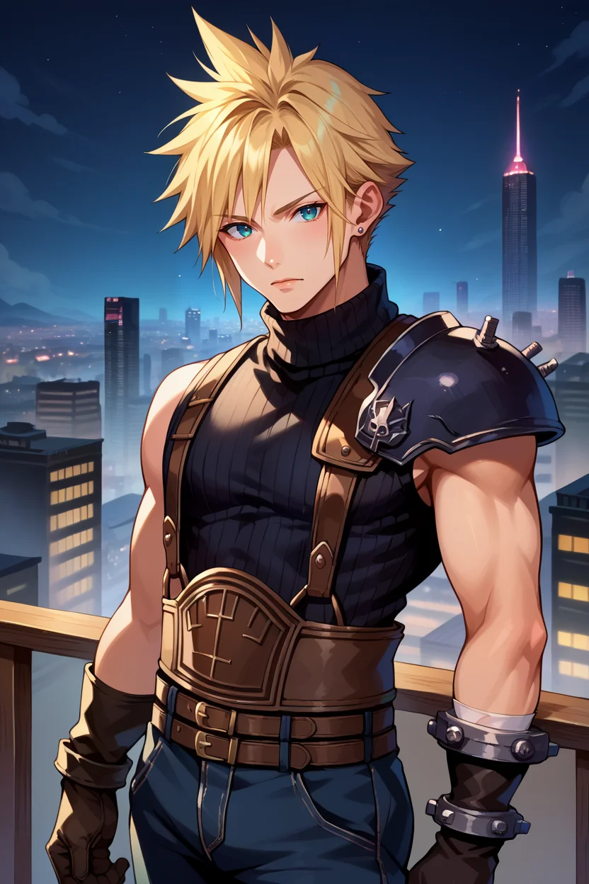 score_9, score_8_up, score_7_up, score_6_up, source_anime, 1boy, male focus, solo BREAK <lora:cloudstrife-pdxl-nvwls-v1-000006:0.9> defCloud, blonde hair, single earring, suspenders, shoulder armor, sleeveless turtleneck, belt, baggy pants, gloves, furrowed brow, looking at viewer, cityscape, night, night sky
