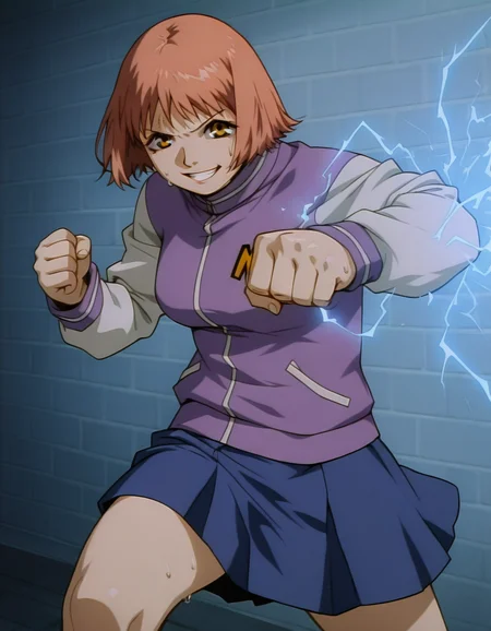 <lora:mikura-noupscale-illustrious-000020:1> mikuraova
letterman jacket, skirt,
1girl, solo, grin, punching, electricity, sweat, wall, masterpiece, best quality