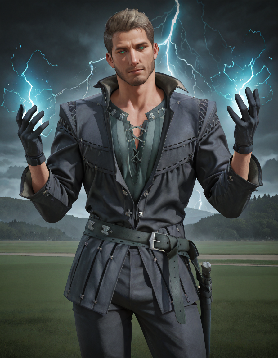 masterpiece, best quality, newest, detailed background, intricate details, male focus, realistic, solo, <lora:FFXVI - Cidolfus Telamon - Illustrious-000008:0.8>, cid_t, 1boy, mature male, green eyes, light brown hair, facial hair, jacket, shirt, belt, gloves, pants, boots, field, storm, lightning, magic, electricity, holding magic, both hands up, looking at viewer, glowing blue eyes, cowboy shot, contrapposto, head tilt