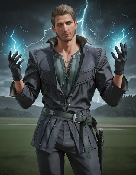 masterpiece, best quality, newest, detailed background, intricate details, male focus, realistic, solo, <lora:FFXVI - Cidolfus Telamon - Illustrious-000008:0.8>, cid_t, 1boy, mature male, green eyes, light brown hair, facial hair, jacket, shirt, belt, gloves, pants, boots, field, storm, lightning, magic, electricity, holding magic, both hands up, looking at viewer, glowing blue eyes, cowboy shot, contrapposto, head tilt