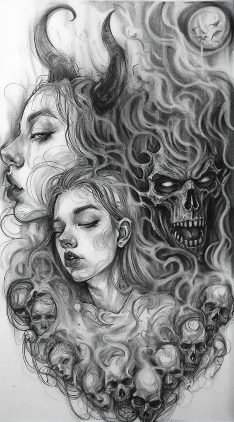 visiblend pencil drawing girl and devil in hell, black ink<lora:visiblend:0.8>