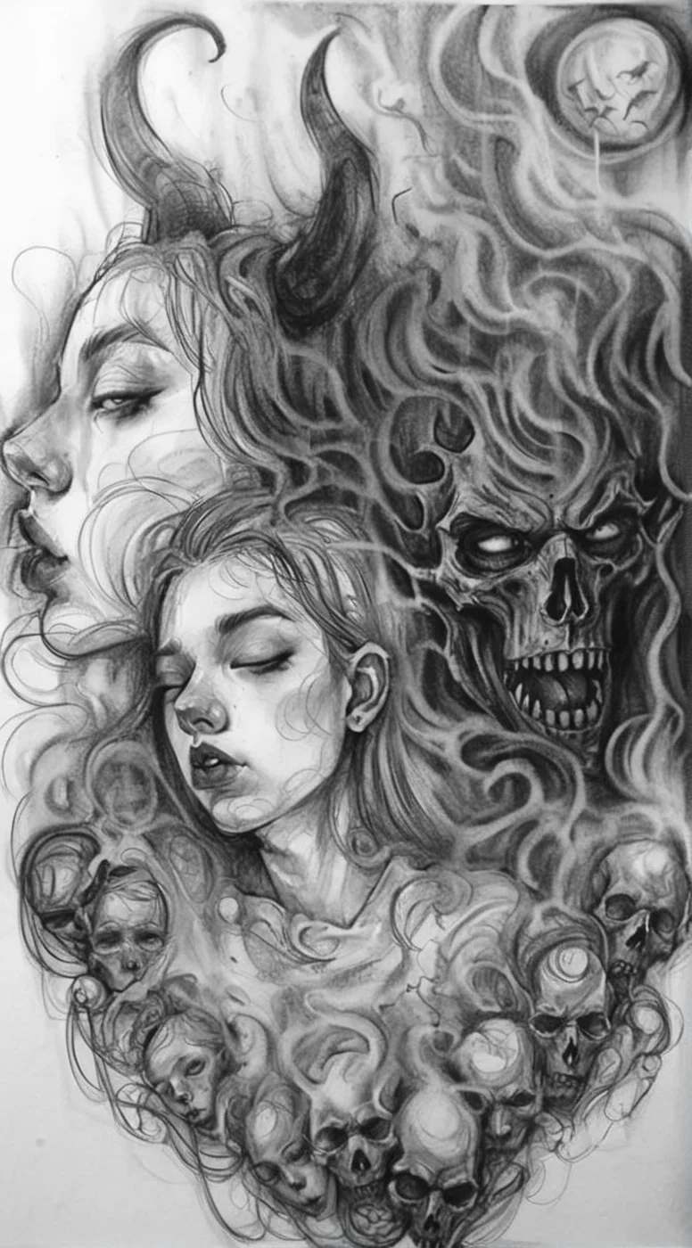 visiblend pencil drawing girl and devil in hell, black ink<lora:visiblend:0.8>
