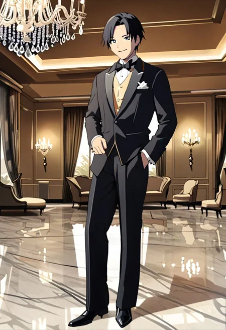 Highres, Masterpiece, High Quality, 4K, 8K, solo, 1Boy, Takaki Toono, adult, black hair, short hair, ballroom, luxury hotel, luxury room, marble floor, crystal chandelier, classic ornaments, tuxedo, smile, musterius, classy, confident, rich, easynegative, detailed_eye_model