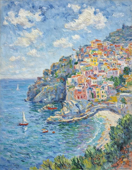 <lora:claude_monet_flux1-dev.safetensors:1> by Claude Monet
painting, Italian coast,  coast, cliffy, colorful buildings, sail boats, sunny sky, italian landscape, majestic, clouds, beach, umbrella,
