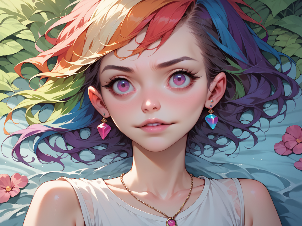 score_9, score_8_up, score_7_up, score_6_up,  <lora:MJXLP:0.7> mj, solo, 1girl, multicolored, rainbow,