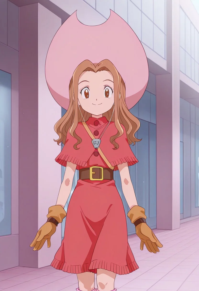 mimi tachikawa, digimon adventure, wavy hair, light brown hair, brown eyes, pink hat, western-style red dress with a buttoned poncho, brown gloves, pink socks, shoes,
1girl, outside, cowboy shot
smiling, looking at viewer, posing
nyuu_style