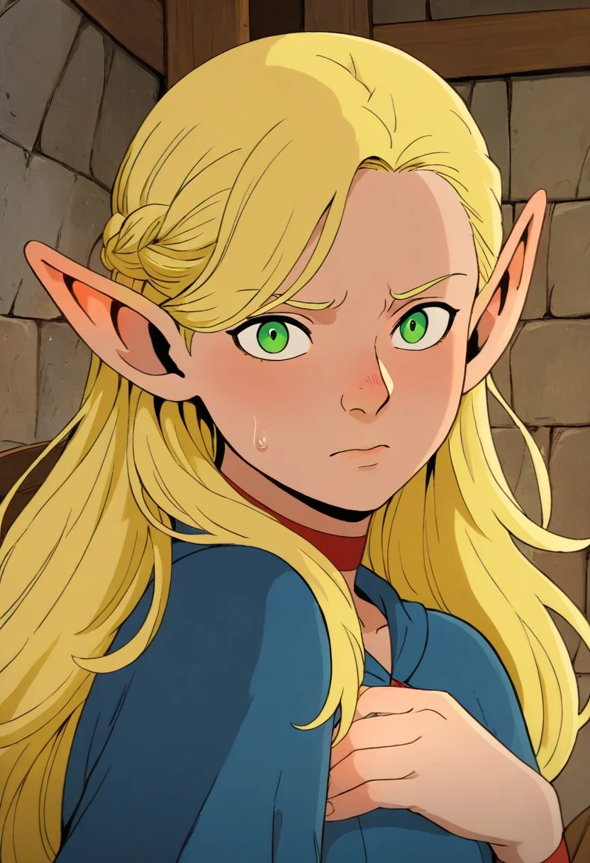 masterpiece, best quality, newest, absurdres, highres,
X-1990STV1.0,
1girl, marcille_donato \(dungeon_meshi\), elf, pointy ears, green eyes, blonde,