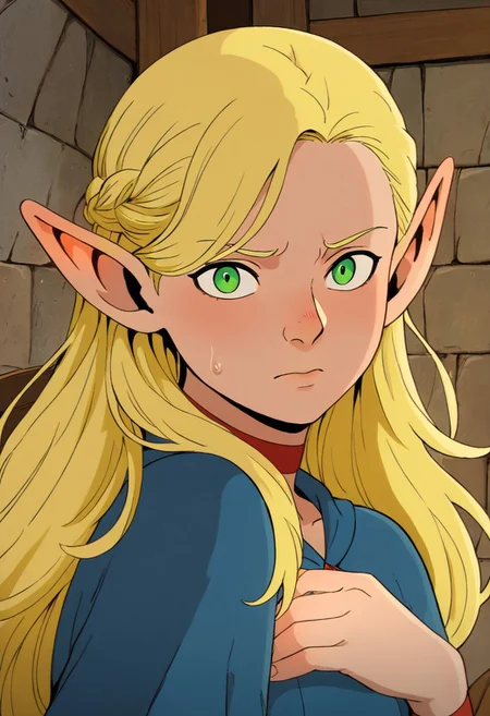 masterpiece, best quality, newest, absurdres, highres,
X-1990STV1.0,
1girl, marcille_donato \(dungeon_meshi\), elf, pointy ears, green eyes, blonde,