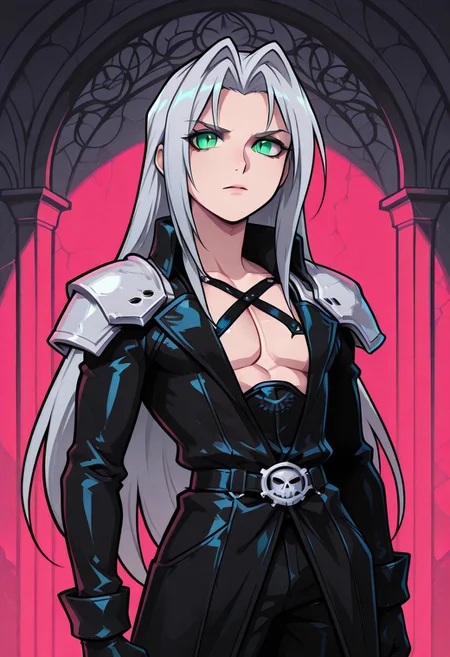 score_9,score_8_up,score_7_up,score_6_up, masterpiece, best quality, very aesthetic, 2d, ((thick lines)), vibrant saturated colors,
volumetric lighting, cinematic lighting, moody lighting, dramatic shadows,
detailed background,
BREAK sephiroth, official outfit grey hair, long hair, very long hair, parted bangs, armor, open clothes, shoulder armor, long sleeves, pectorals, black jacket, jacket, black gloves, high collar, long bangs, black coat, green eyes, slit pupils, gothic noir background